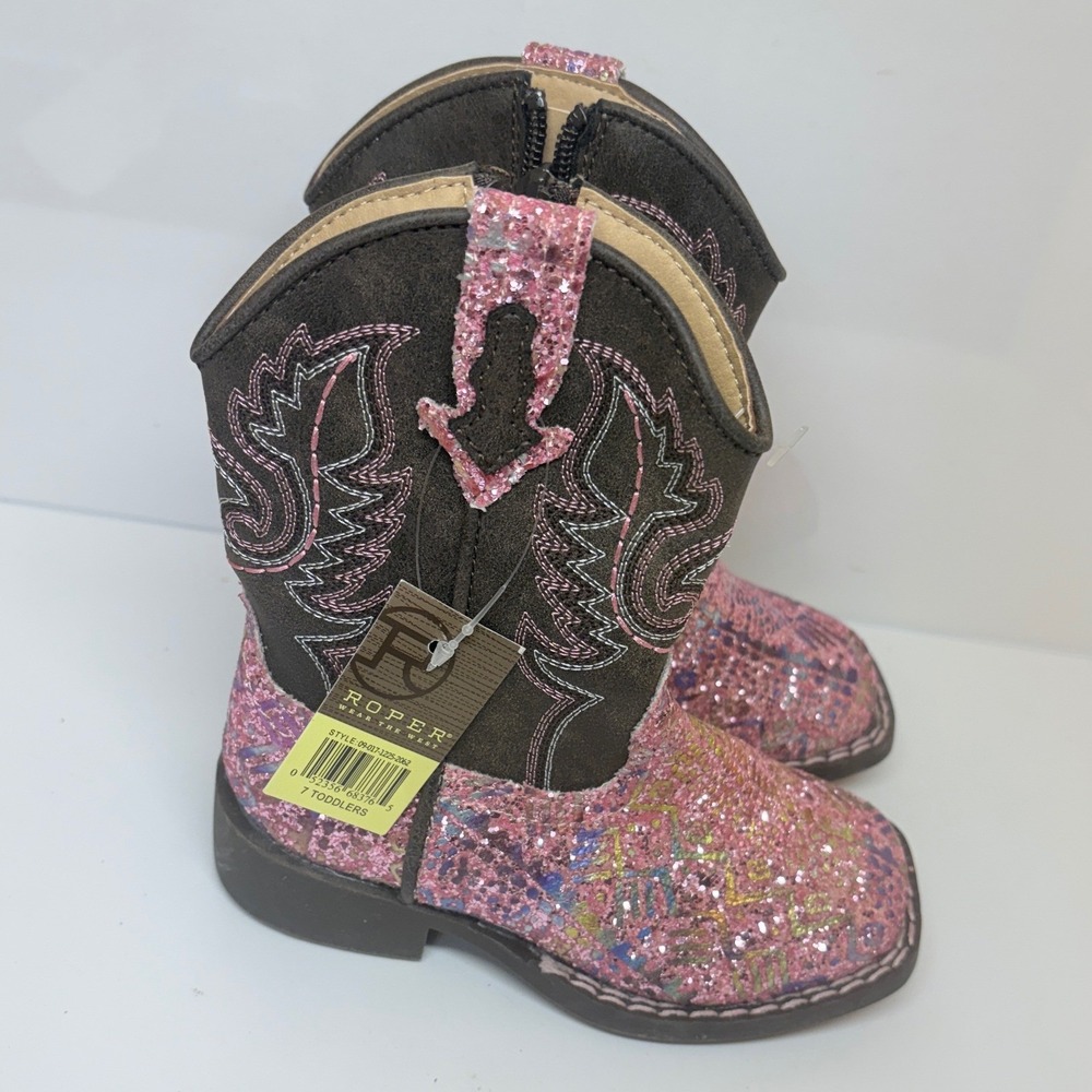Roper Toddler Girls Size 7 Pink Aztec Glitter Cowboy Boots Square Toe